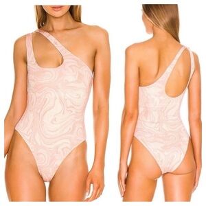 L*Space Blush Tan Shimmer Swirl One Shoulder Cutout One Piece Swimsuit Sz M